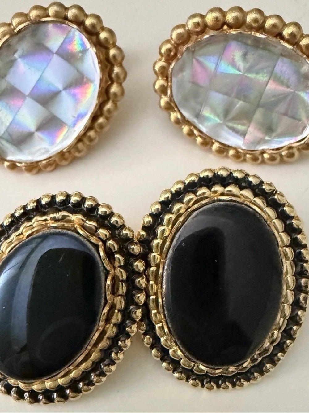TWO Pair of Gold Earrings w/ Oval Stones Black  & Clear Glass